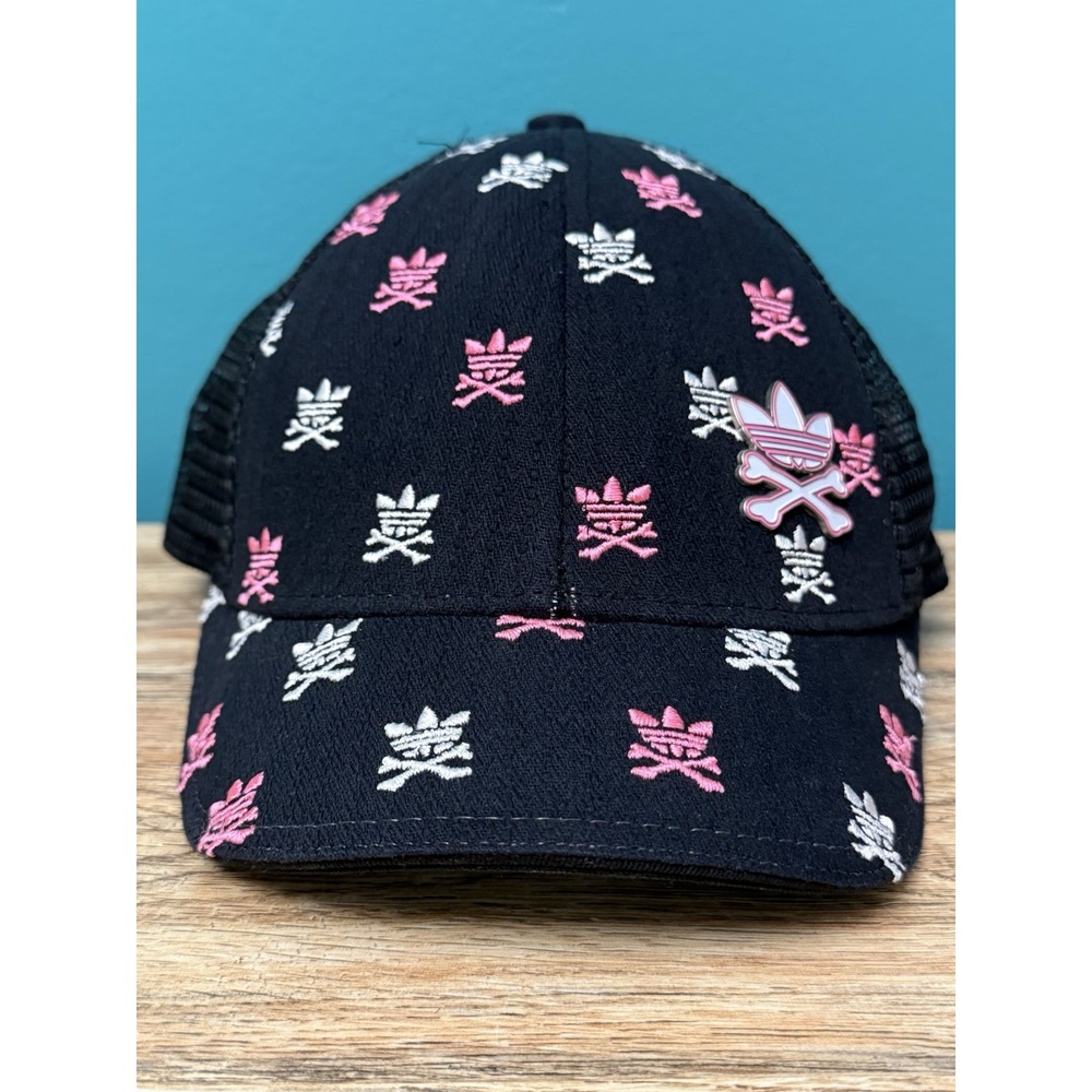 Adidas Hat Cap Strap Back Pink White Trefoil Embroidered Skull Crossbones Enamel